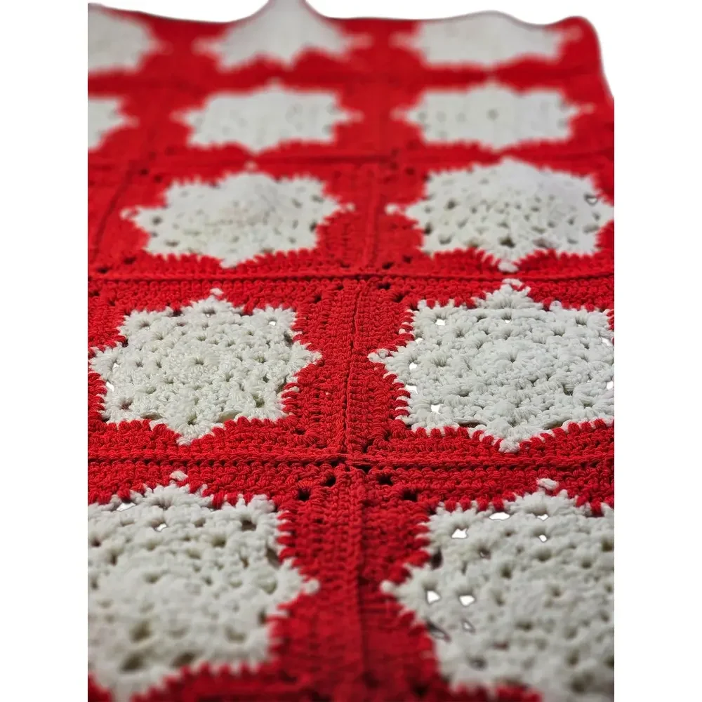 Handmade Crocheted Red and White Afghan 46